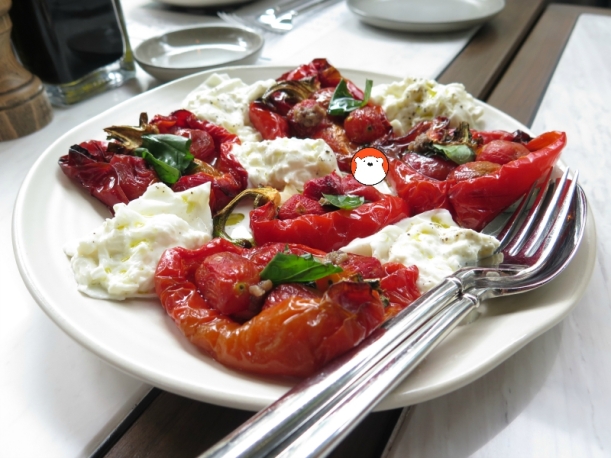 Burrata with slow-cooked red peppers stuffed with tomato basil, capers and anchovy, Bt450++
