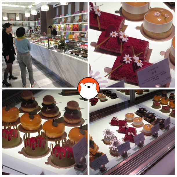 A showcase of the beautiful bakery items at the Mandarin Oriental Taipei's Cake Shop.  