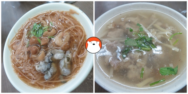 The oyster + pork intestine noodle and chicken noodle with thick broths. 