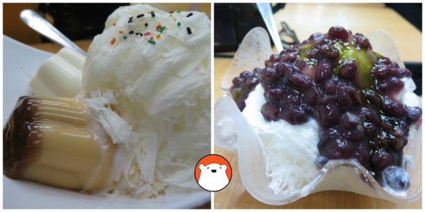 The milky shaved ices, one with puddings and the other with red beans.