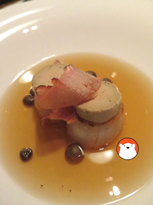 Soup of Scallops Topped with Foie Gras (Bt410++) with shimeji scented miso. consommé