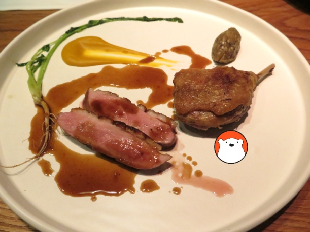 Crispy Skin Soy Marinated Duck Breast and Confit Leg (Bt890++) with smoked eggplant with ginger, pumpkin, coriander, yuzu jus.