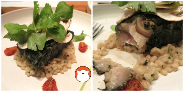 Cod Steamed with Nori (Bt790++) with pearl barley braised with macha, tomatoes and shaved mushrooms. 