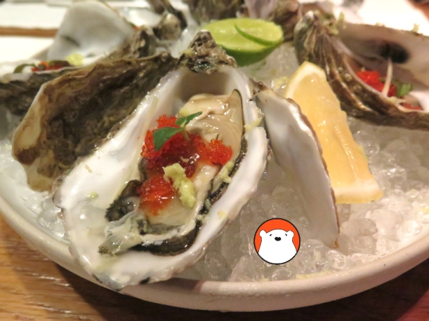 Oysters (Natural), served with ponzu, tobiko and lime. 4 pcs 410|6 pcs 610|8 pcs 810.