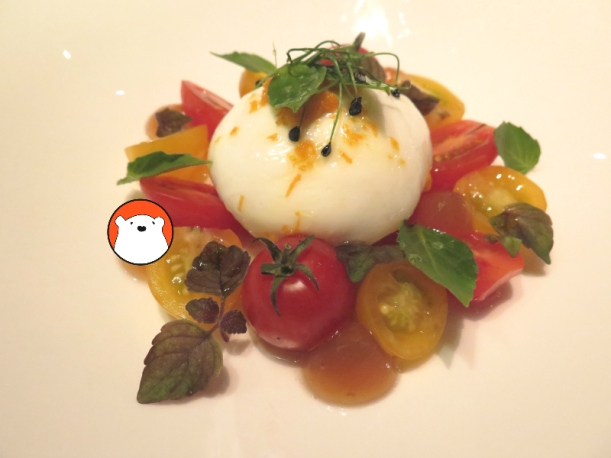 Vine Tomatoes with 'made-in-Bangkok' Burrata (Bt350++) with  marinated in ponzu, herbs and olive oil.