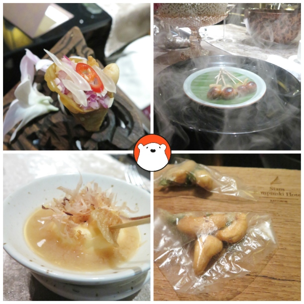 More nibbles: Crispy Wonton Miang Kam, Sai Ua served with aromatic smoke, crispy peanuts with edible package, Miso Flan with Bonito and Chiang Mai Chicken Sausage. 